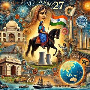 27 नवंबर 2024 का दिन:आज के दिन की ऐतिहासिक और महत्वपूर्ण घटनाओं का चित्रण, जिसमें भारत का पहला परमाणु ऊर्जा संयंत्र, रानी लक्ष्मीबाई का जन्म, और विज्ञान, संस्कृति तथा खेल जगत की प्रमुख उपलब्धियां शामिल हैं।