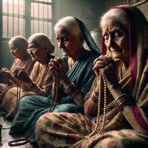 वृद्धाश्रम की माताएं निर्जला जीवित्पुत्रिका व्रत करते हुए, बेटे की लंबी आयु के लिए प्रार्थना करतीं, आंखों में आंसू लिए भावुक हो रही हैं।