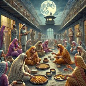 जेल में करवा चौथ व्रत: शाहजहांपुर जिला जेल में करवा चौथ का व्रत रखती महिला कैदियों का चित्र, जहां वे अपने पतियों की लंबी उम्र के लिए पूजा कर रही हैं